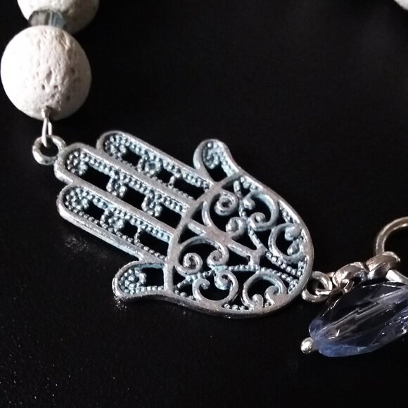 White Lava Bead Bracelet | Hamsa Hand & Buddha Charms | Blessings & Protection - Picture 8 of 10